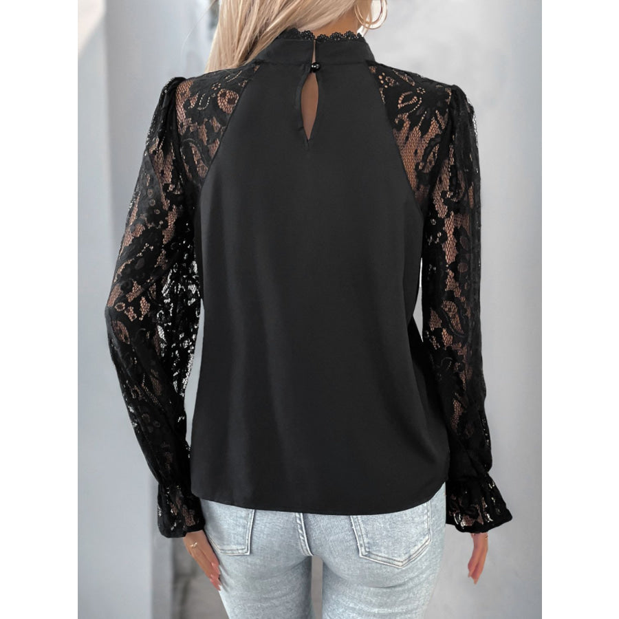 Perfee Mock Neck Lace Long Sleeve Blouse Apparel and Accessories