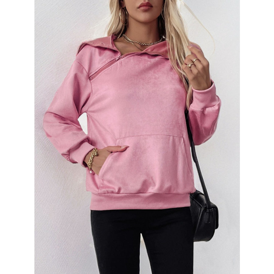 Perfee Oblique Zipper Long Sleeve Hoodie Apparel and Accessories