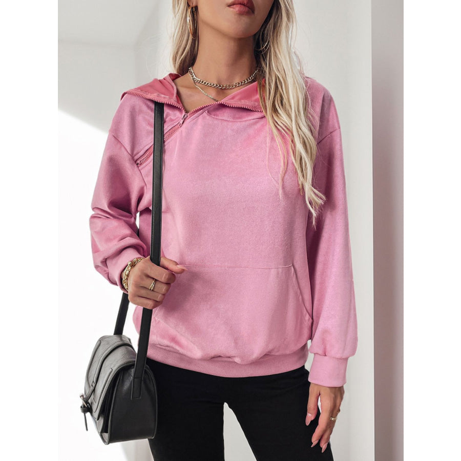 Perfee Oblique Zipper Long Sleeve Hoodie Pink / S Apparel and Accessories