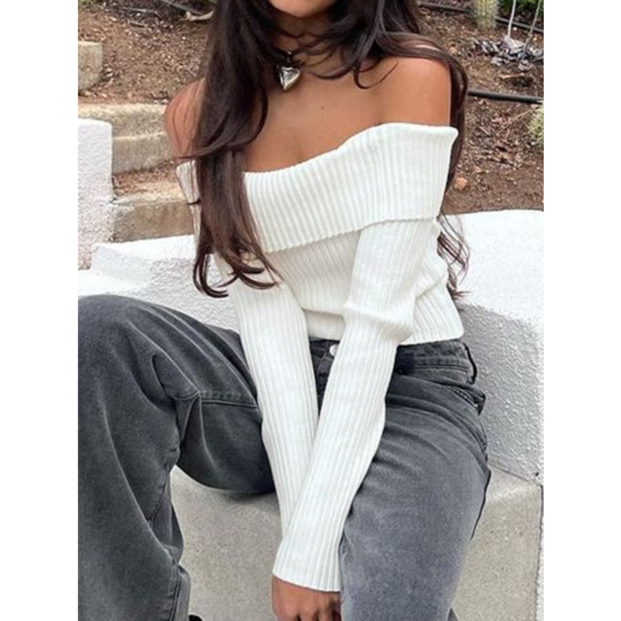 Perfee Off Shoulder Long Sleeve Sweater White / S Apparel and Accessories