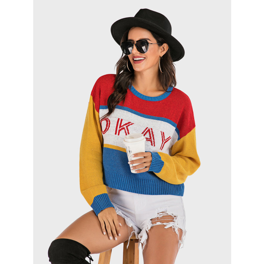 Perfee OKAY Contrast Dropped Shoulder Long Sleeve Sweater Apparel and Accessories