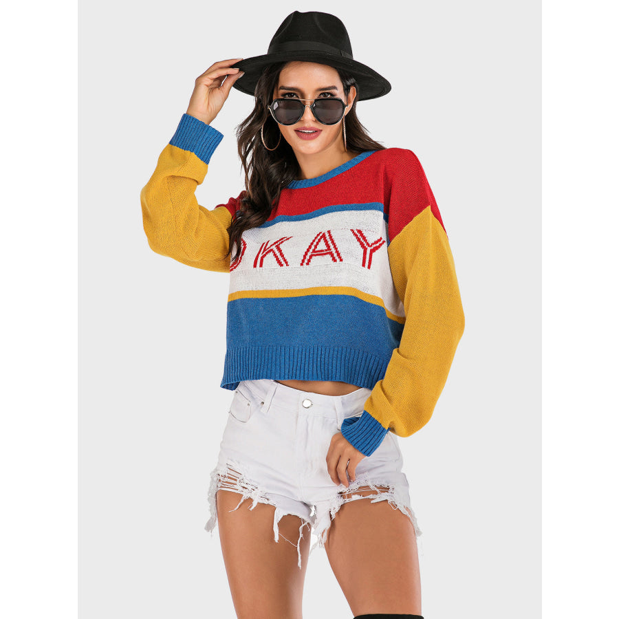 Perfee OKAY Contrast Dropped Shoulder Long Sleeve Sweater Apparel and Accessories