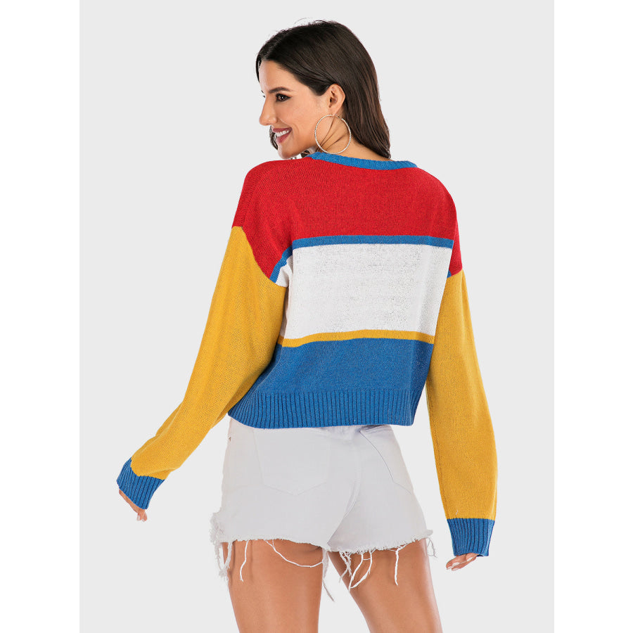 Perfee OKAY Contrast Dropped Shoulder Long Sleeve Sweater Blue / S Apparel and Accessories