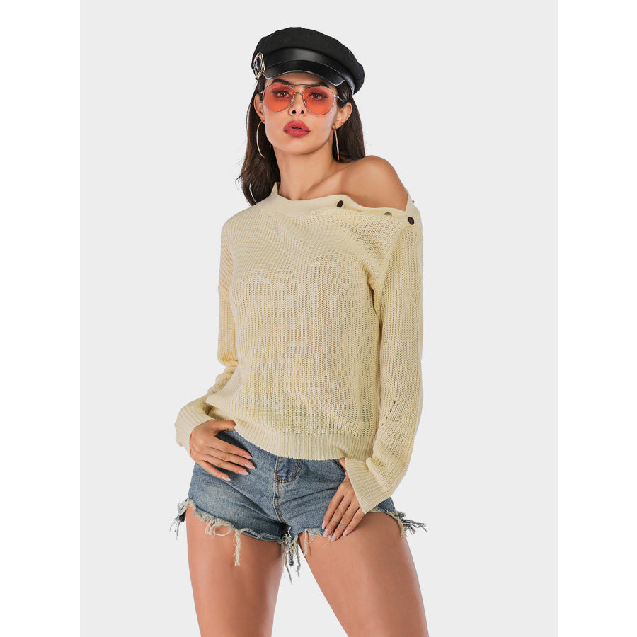 Perfee One Shoulder Long Sleeve Sweater Beige / S Apparel and Accessories