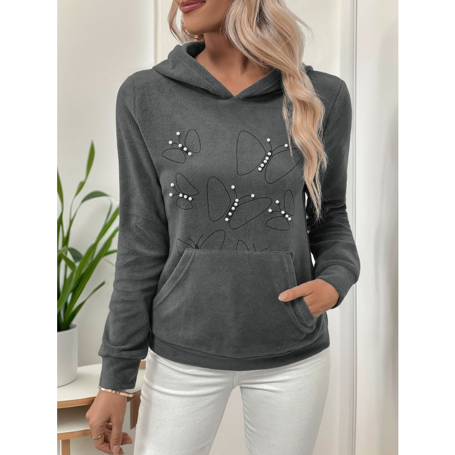 Perfee Pearl Butterfly Long Sleeve Hoodie Dark Gray / S Apparel and Accessories