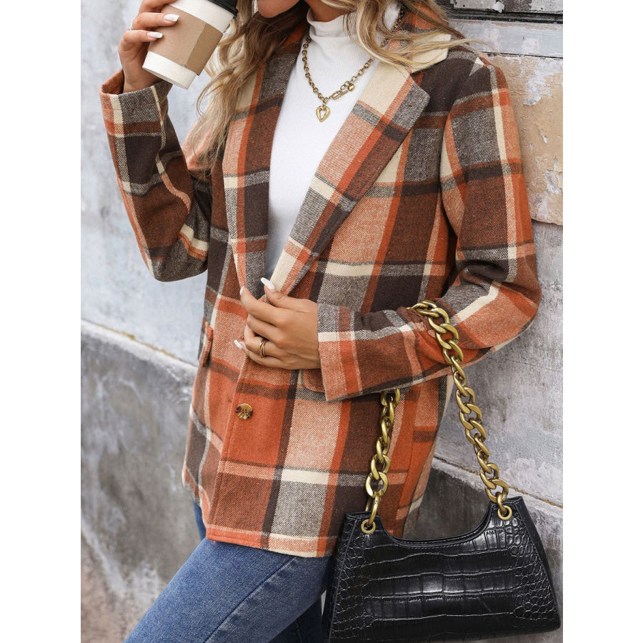 Perfee Plaid Button Down Lapel Collar Blazer Apparel and Accessories