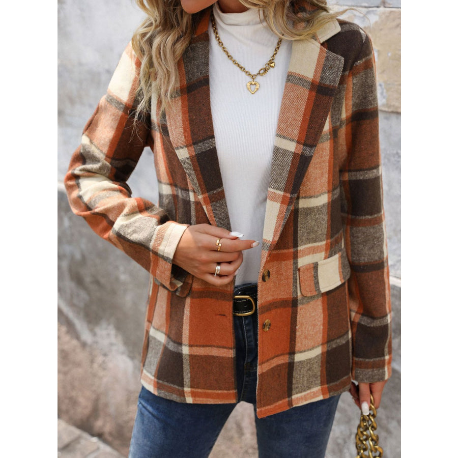 Perfee Plaid Button Down Lapel Collar Blazer Apparel and Accessories