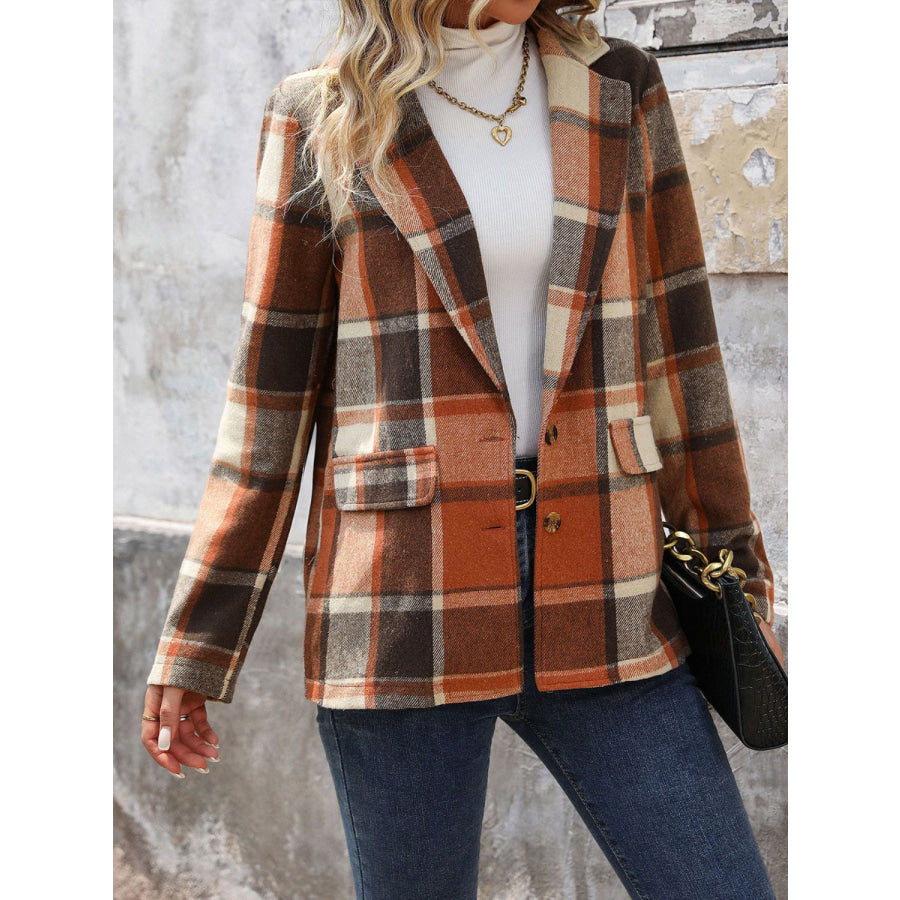 Perfee Plaid Button Down Lapel Collar Blazer Apparel and Accessories