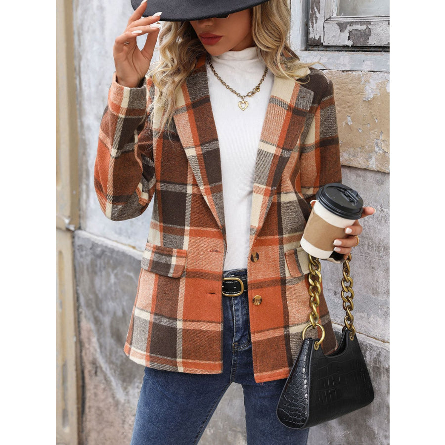 Perfee Plaid Button Down Lapel Collar Blazer Ochre / S Apparel and Accessories