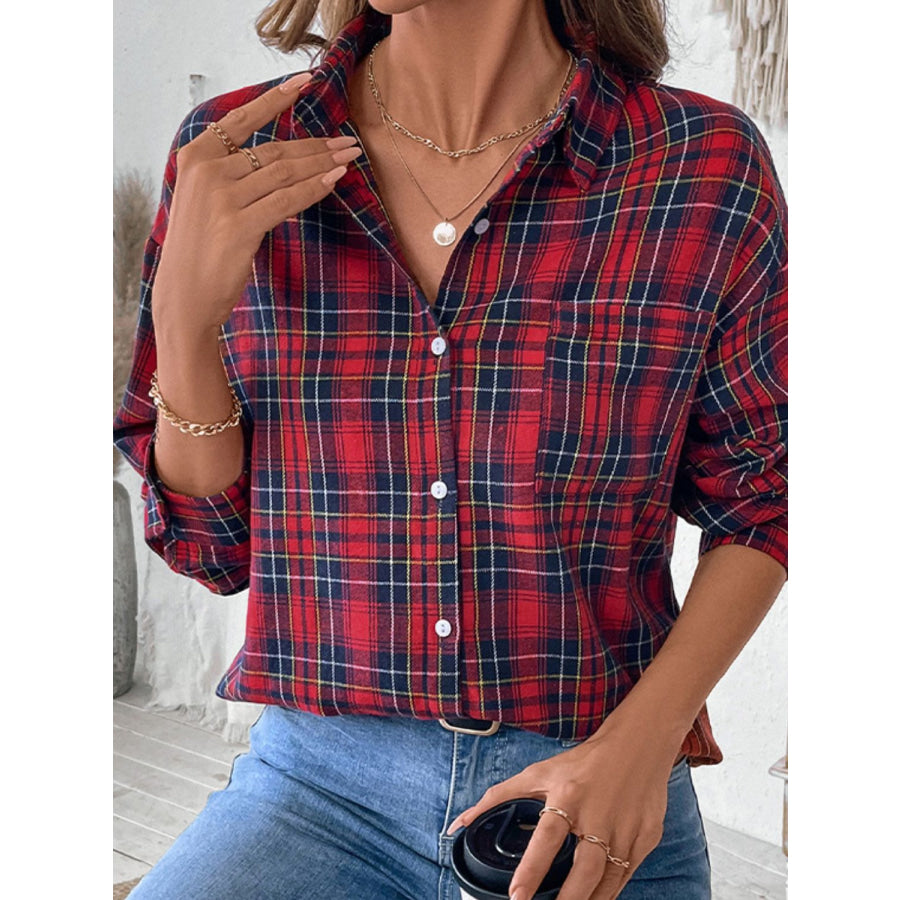 Perfee Plaid Button Up Long Sleeve Shirt Apparel and Accessories