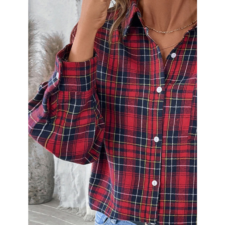 Perfee Plaid Button Up Long Sleeve Shirt Apparel and Accessories