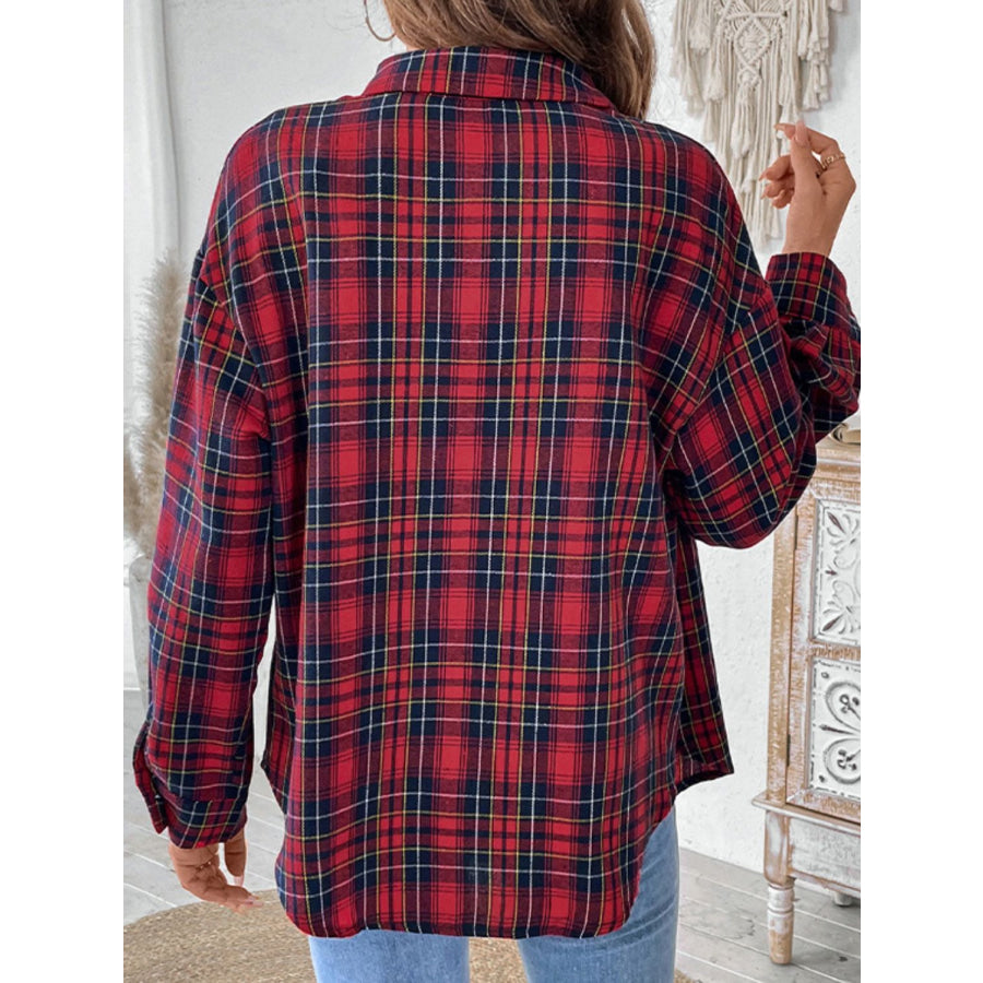 Perfee Plaid Button Up Long Sleeve Shirt Deep Red / S Apparel and Accessories