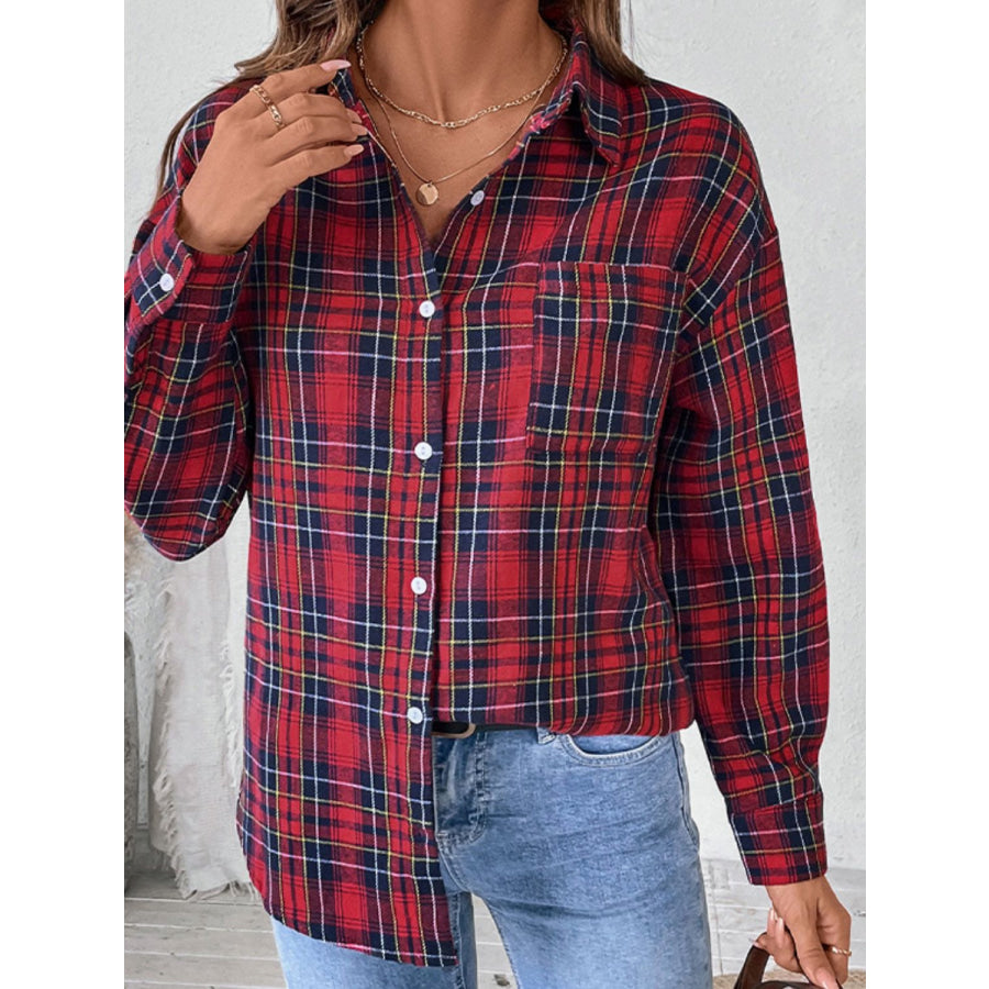 Perfee Plaid Button Up Long Sleeve Shirt Apparel and Accessories