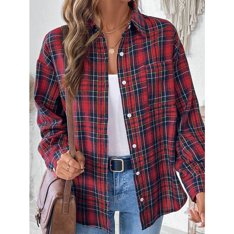 Perfee Plaid Button Up Long Sleeve Shirt Deep Red / S Apparel and Accessories