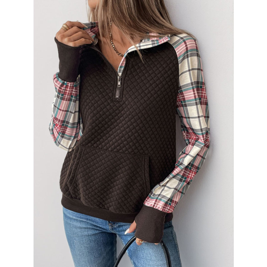 Perfee Plaid Half Zip Long Sleeve Sweatshirt Apparel and Accessories