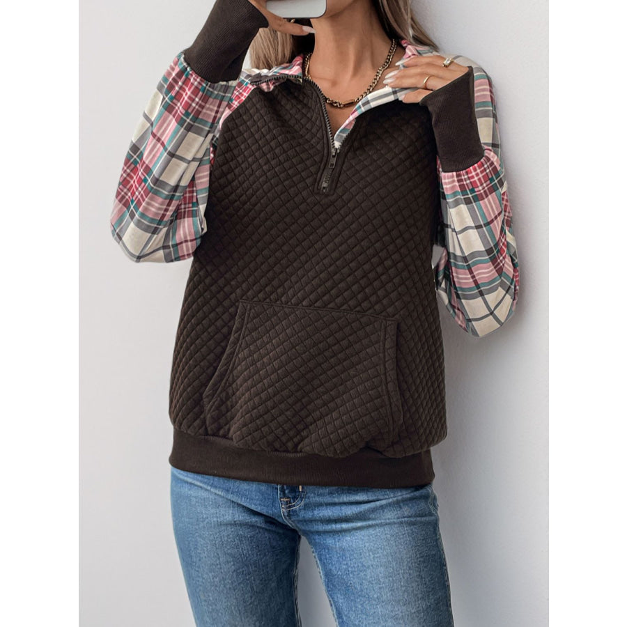 Perfee Plaid Half Zip Long Sleeve Sweatshirt Apparel and Accessories