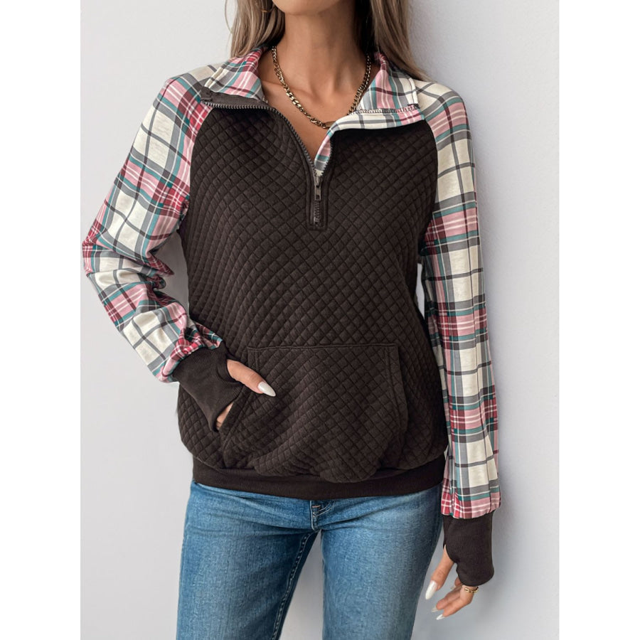 Perfee Plaid Half Zip Long Sleeve Sweatshirt Apparel and Accessories