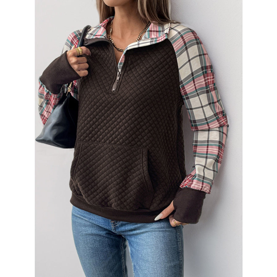 Perfee Plaid Half Zip Long Sleeve Sweatshirt Apparel and Accessories