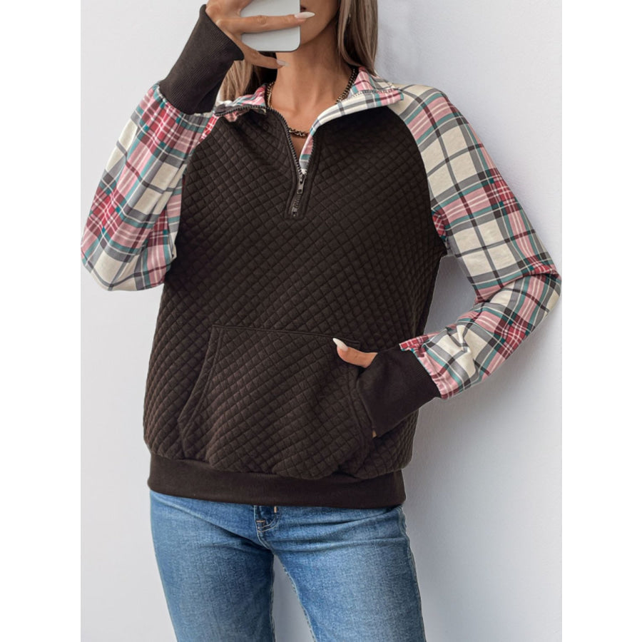 Perfee Plaid Half Zip Long Sleeve Sweatshirt Chocolate / S Apparel and Accessories