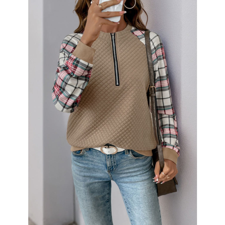 Perfee Plaid Half Zip Long Sleeve Texture Sweatshirt Apparel and Accessories