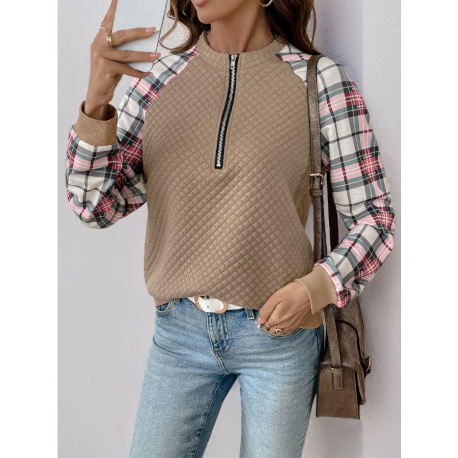 Perfee Plaid Half Zip Long Sleeve Texture Sweatshirt Apparel and Accessories