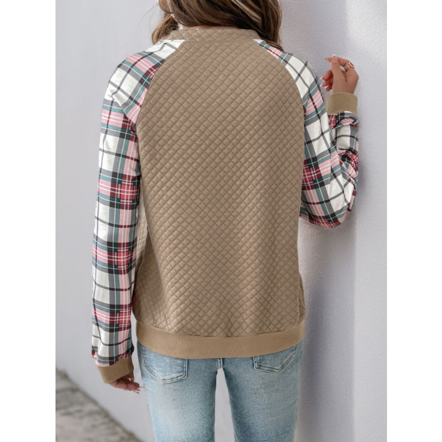 Perfee Plaid Half Zip Long Sleeve Texture Sweatshirt Apparel and Accessories