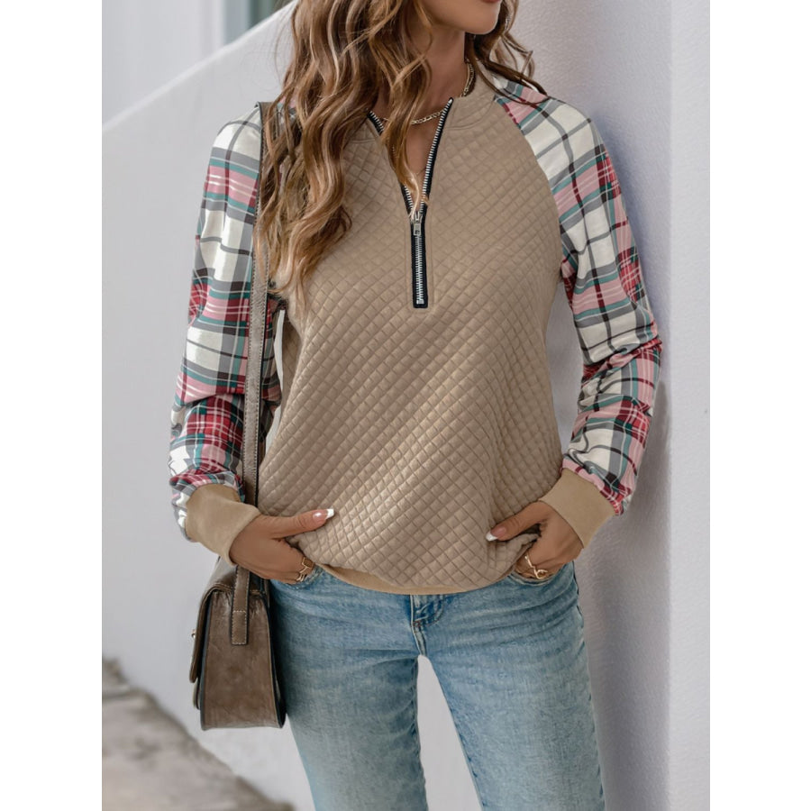 Perfee Plaid Half Zip Long Sleeve Texture Sweatshirt Tan / S Apparel and Accessories