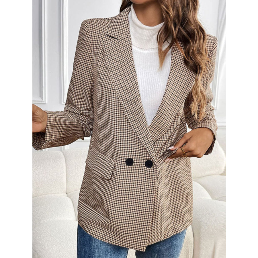 Perfee Plaid Lapel Collar Long Sleeve Blazer Apparel and Accessories