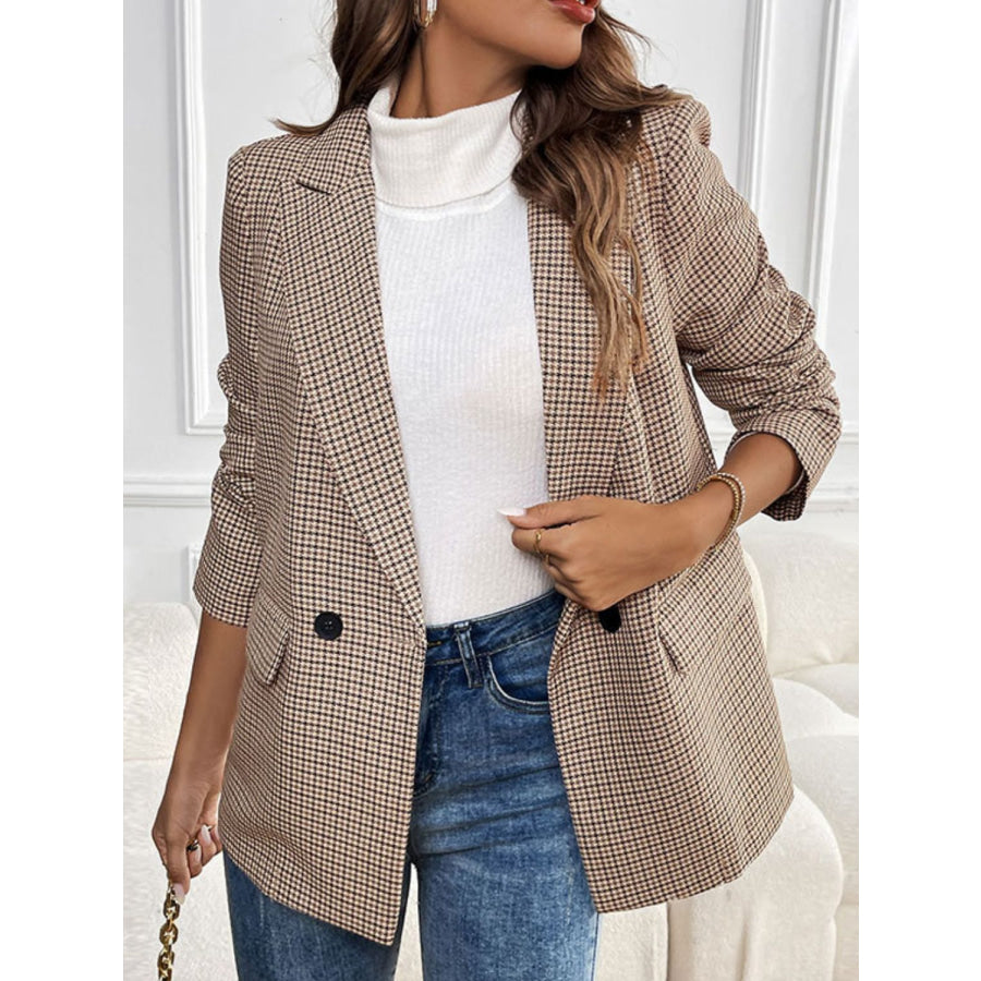 Perfee Plaid Lapel Collar Long Sleeve Blazer Apparel and Accessories