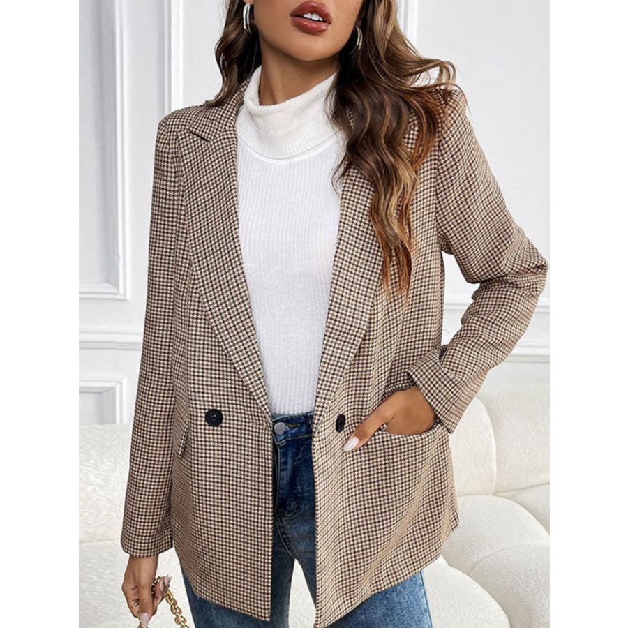 Perfee Plaid Lapel Collar Long Sleeve Blazer Camel / S Apparel and Accessories