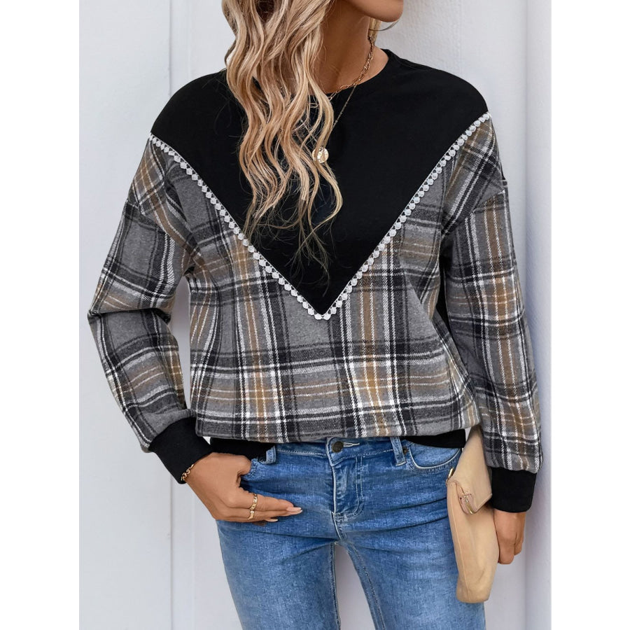 Perfee Plaid Round Neck Long Sleeve Sweatshirt Apparel and Accessories