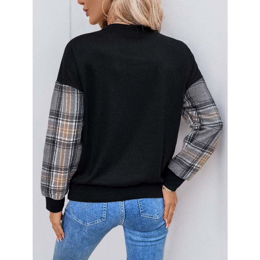 Perfee Plaid Round Neck Long Sleeve Sweatshirt Apparel and Accessories