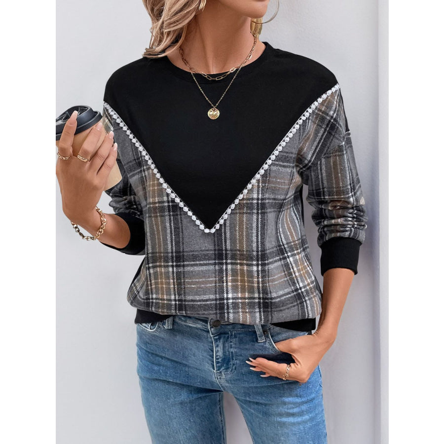 Perfee Plaid Round Neck Long Sleeve Sweatshirt Apparel and Accessories