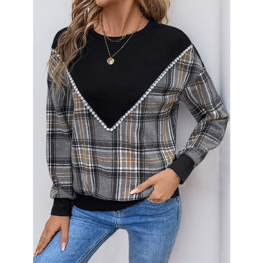 Perfee Plaid Round Neck Long Sleeve Sweatshirt Black / S Apparel and Accessories