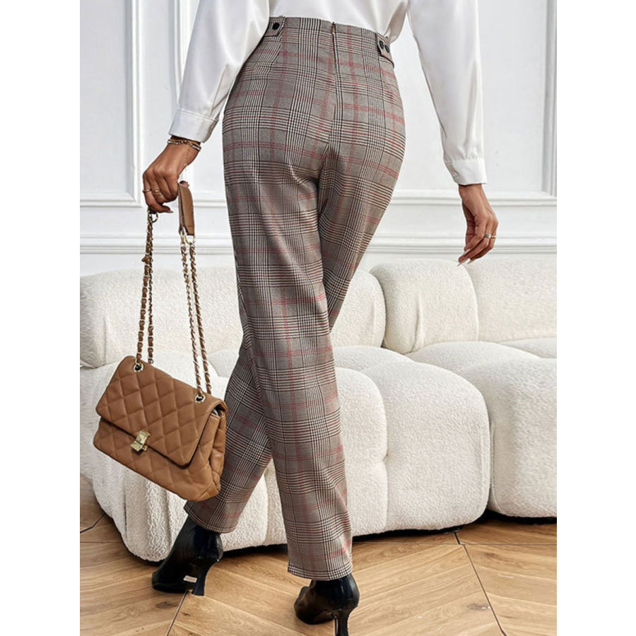 Perfee Plaid Straight Pants with Pockets Apparel and Accessories