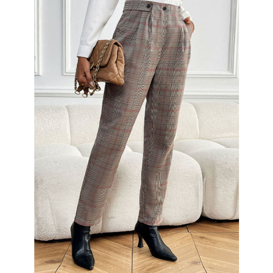 Perfee Plaid Straight Pants with Pockets Apparel and Accessories