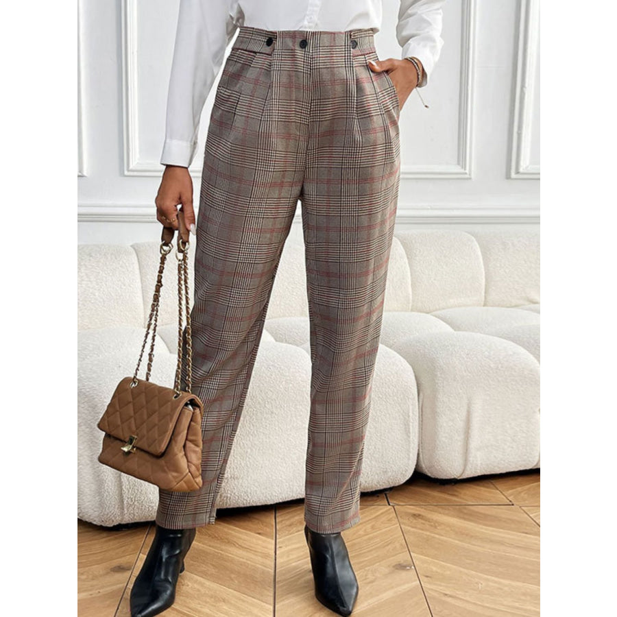 Perfee Plaid Straight Pants with Pockets Apparel and Accessories