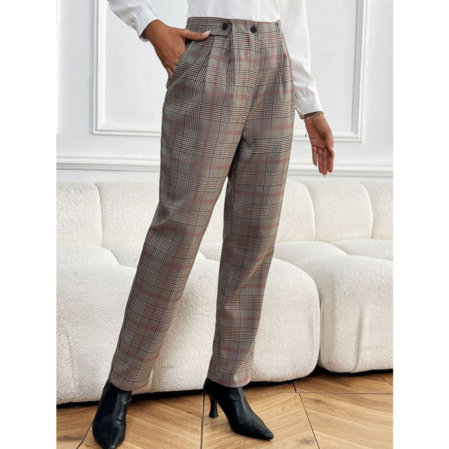 Perfee Plaid Straight Pants with Pockets Apparel and Accessories