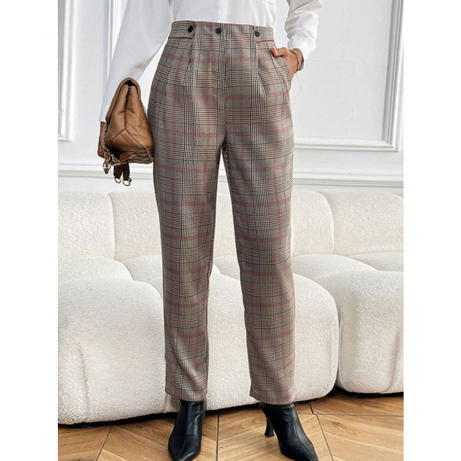 Perfee Plaid Straight Pants with Pockets Apparel and Accessories