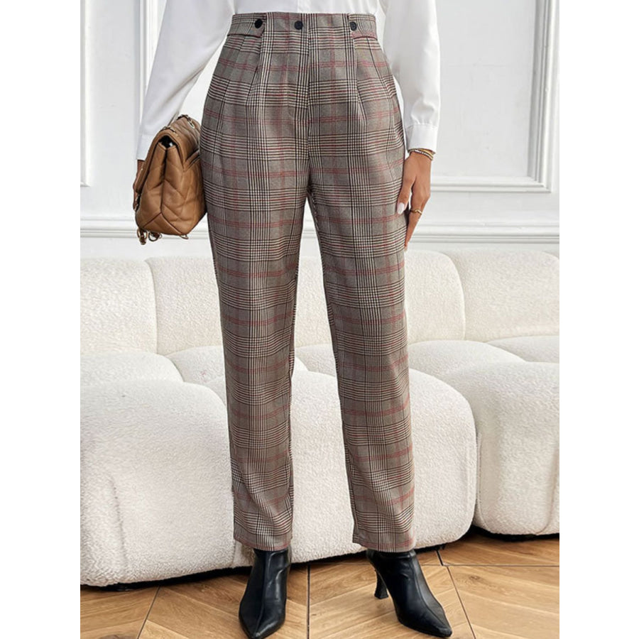 Perfee Plaid Straight Pants with Pockets Taupe / S Apparel and Accessories