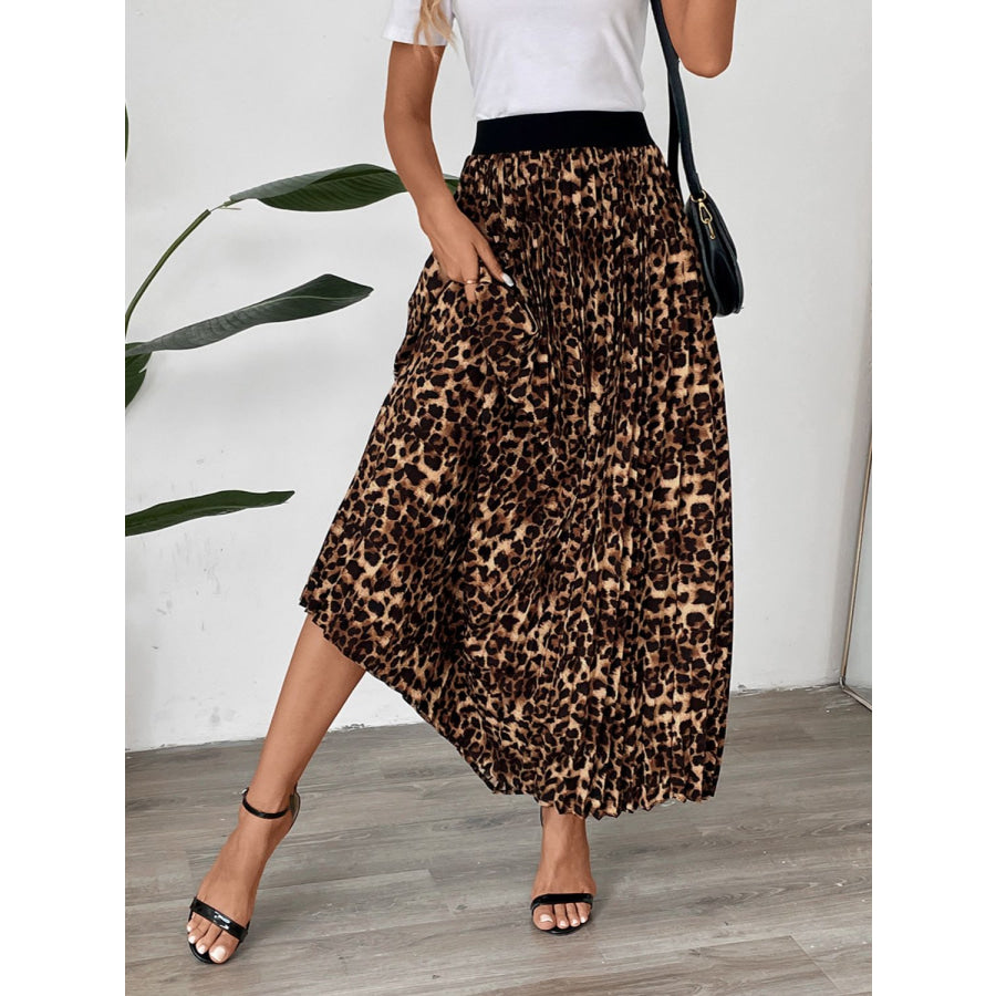 Perfee Pleated Leopard Maxi Skirt Apparel and Accessories