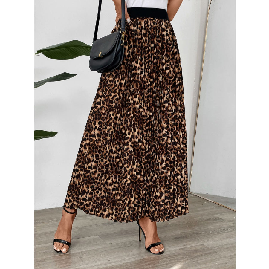 Perfee Pleated Leopard Maxi Skirt Apparel and Accessories