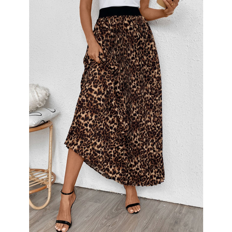 Perfee Pleated Leopard Maxi Skirt Apparel and Accessories