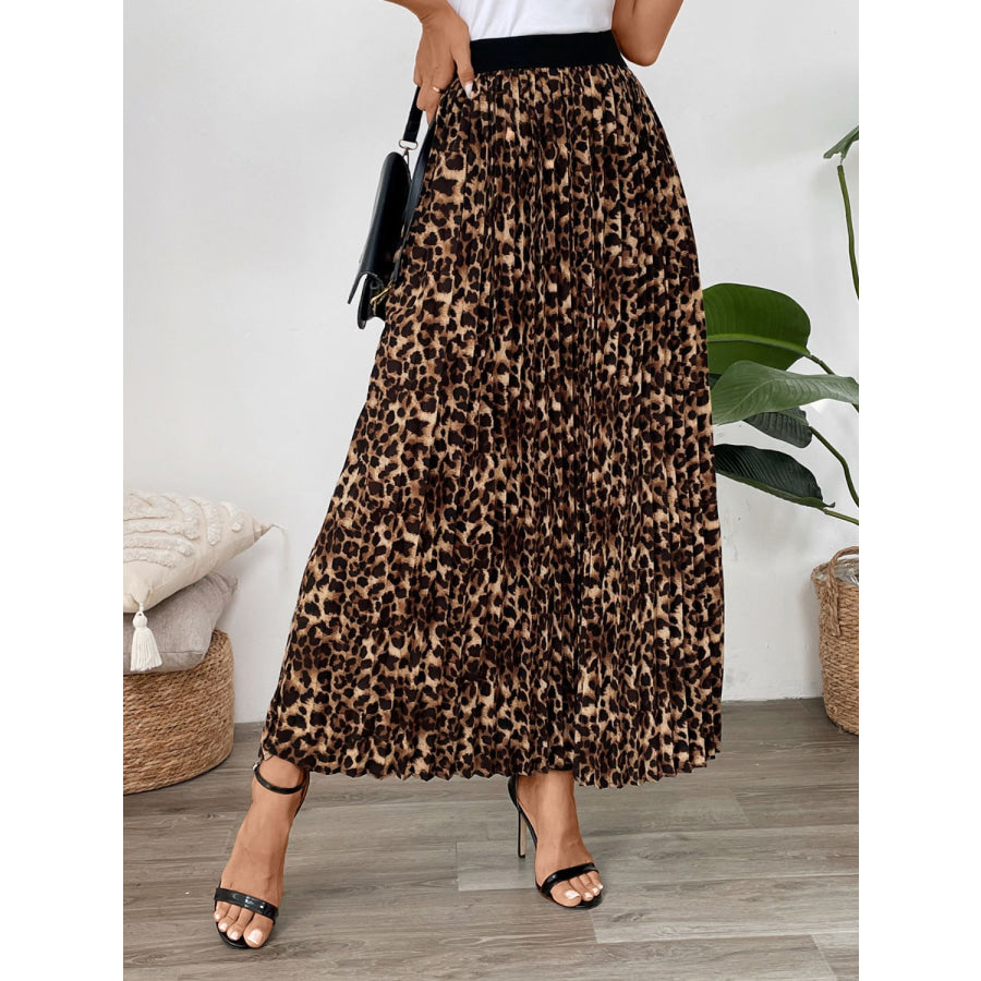 Perfee Pleated Leopard Maxi Skirt Leopard / S Apparel and Accessories