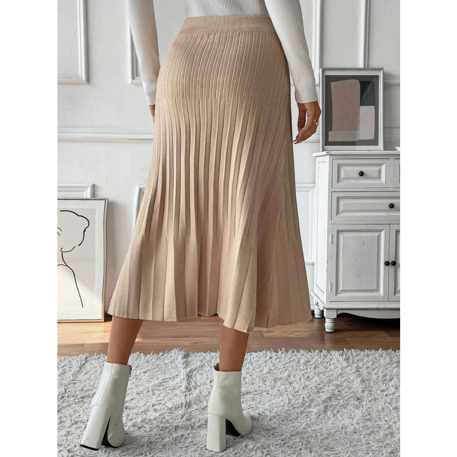 Perfee Pleated Midi Sweater Skirt Tan / S Apparel and Accessories