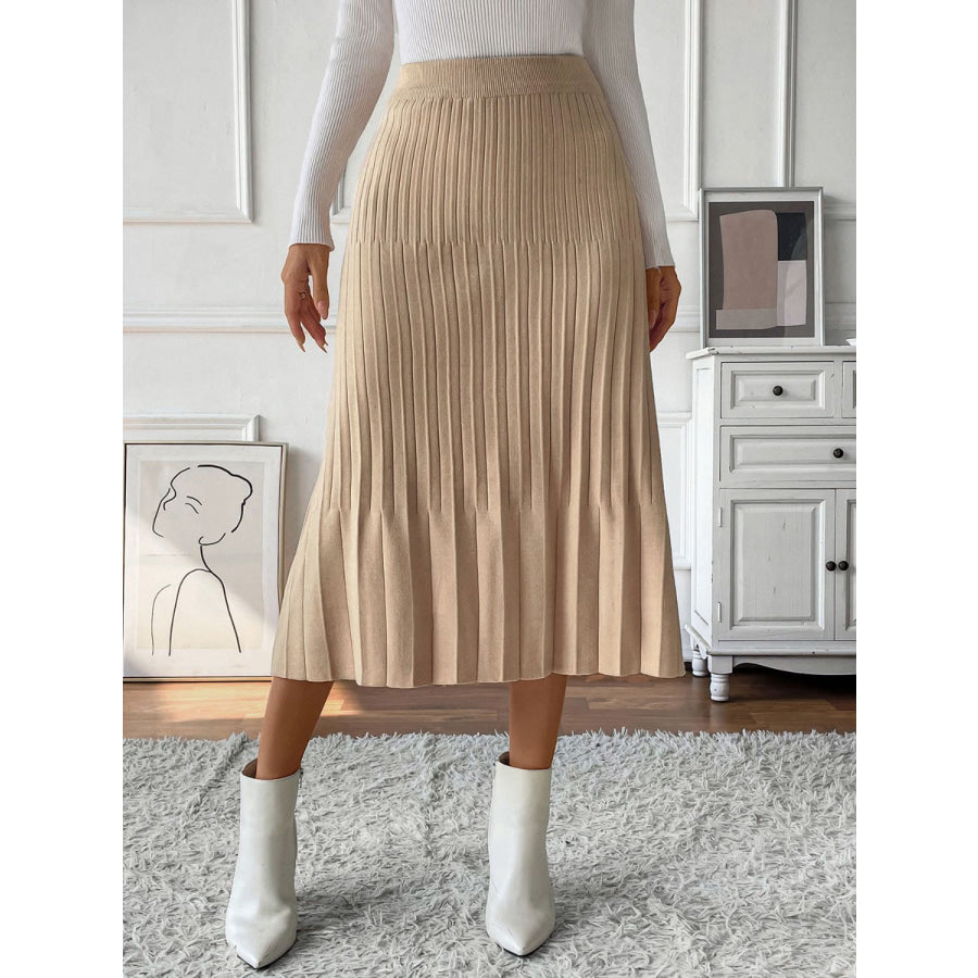 Perfee Pleated Midi Sweater Skirt Tan / S Apparel and Accessories