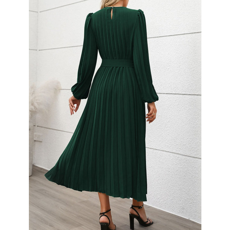 Perfee Pleated Round Neck Long Sleeve Midi Dress Apparel and Accessories