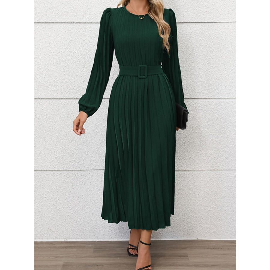 Perfee Pleated Round Neck Long Sleeve Midi Dress Apparel and Accessories