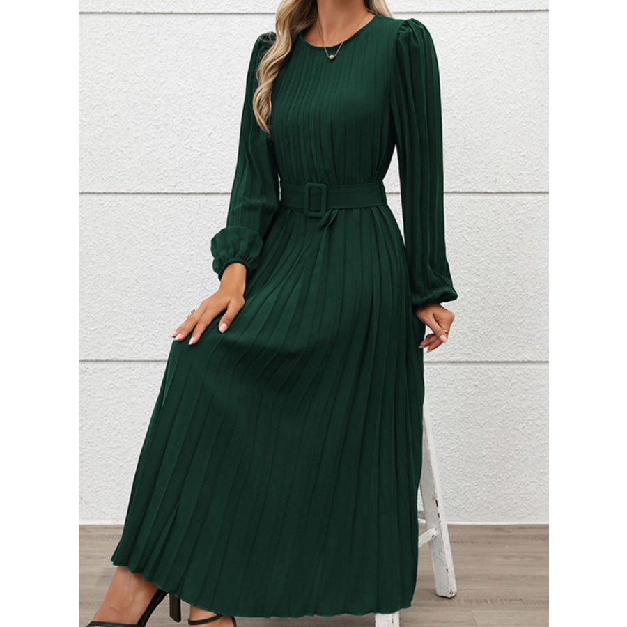 Perfee Pleated Round Neck Long Sleeve Midi Dress Apparel and Accessories