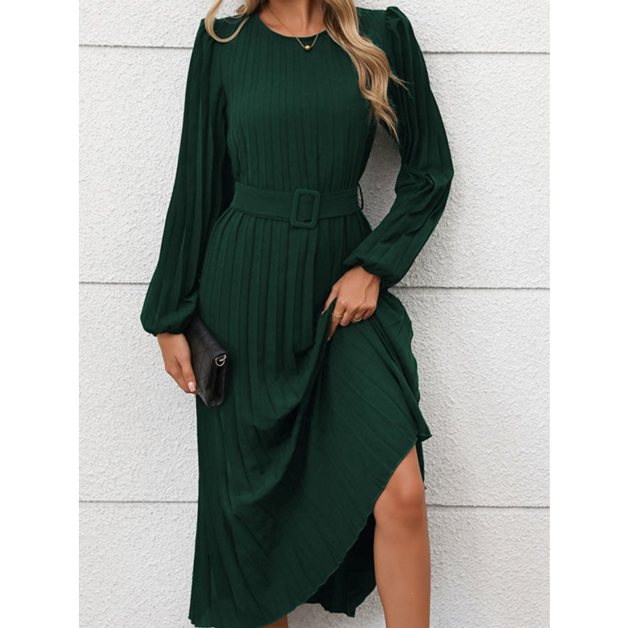 Perfee Pleated Round Neck Long Sleeve Midi Dress Apparel and Accessories